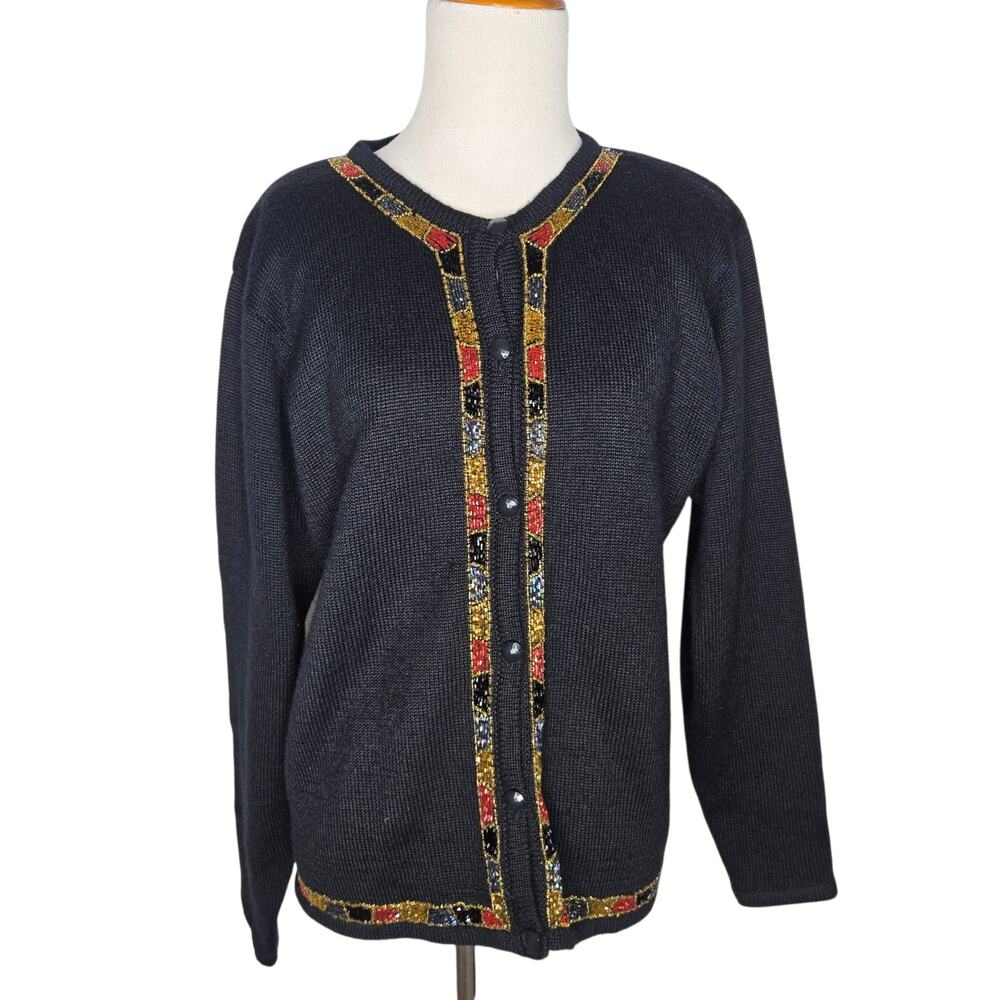 Vintage Alfred Dunner Womens Cardigan Wool Blend Beaded Festive Holidays Small